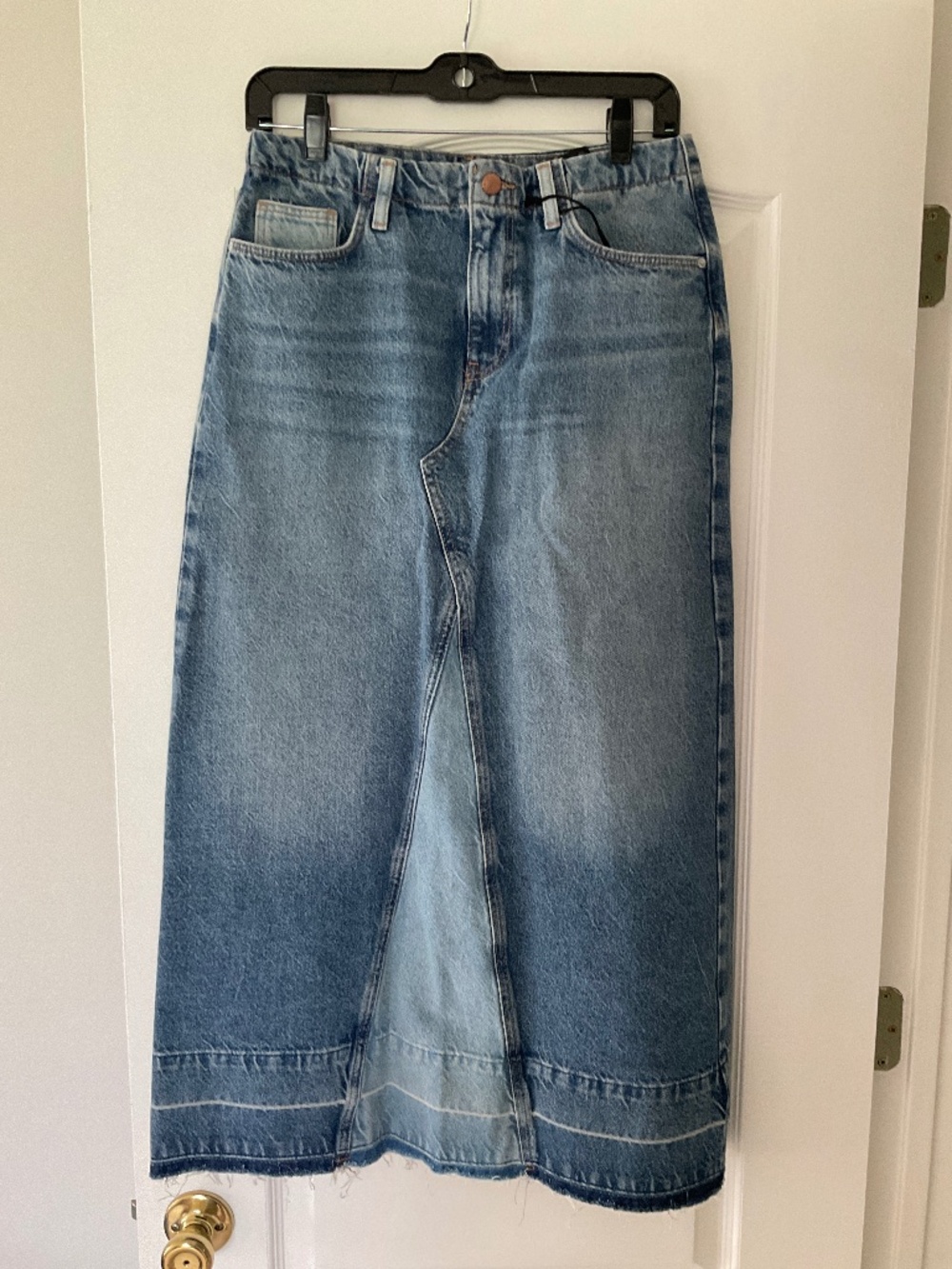 Denim distressed maxi skirt